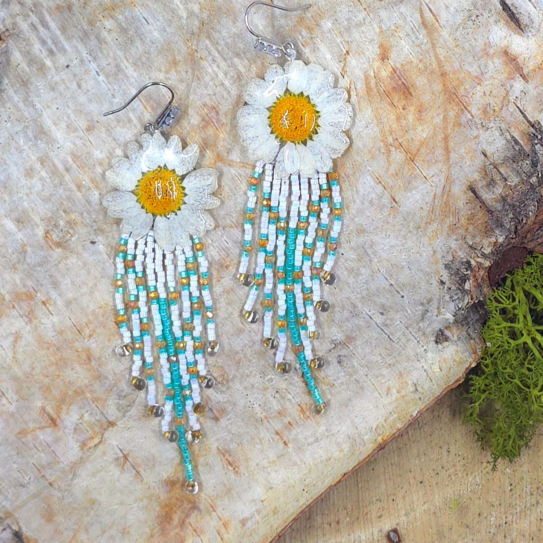 Real Daisy Resin & Cascade Fringe Earrings