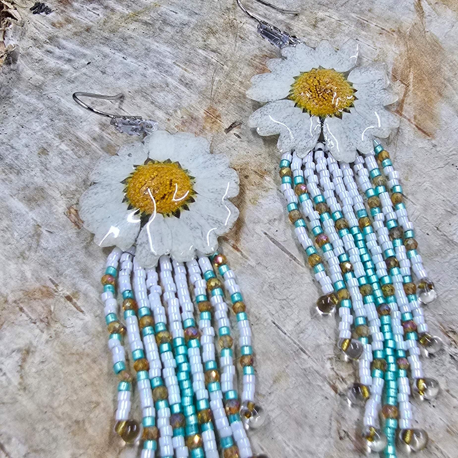 Real Daisy Resin & Cascade Fringe Earrings