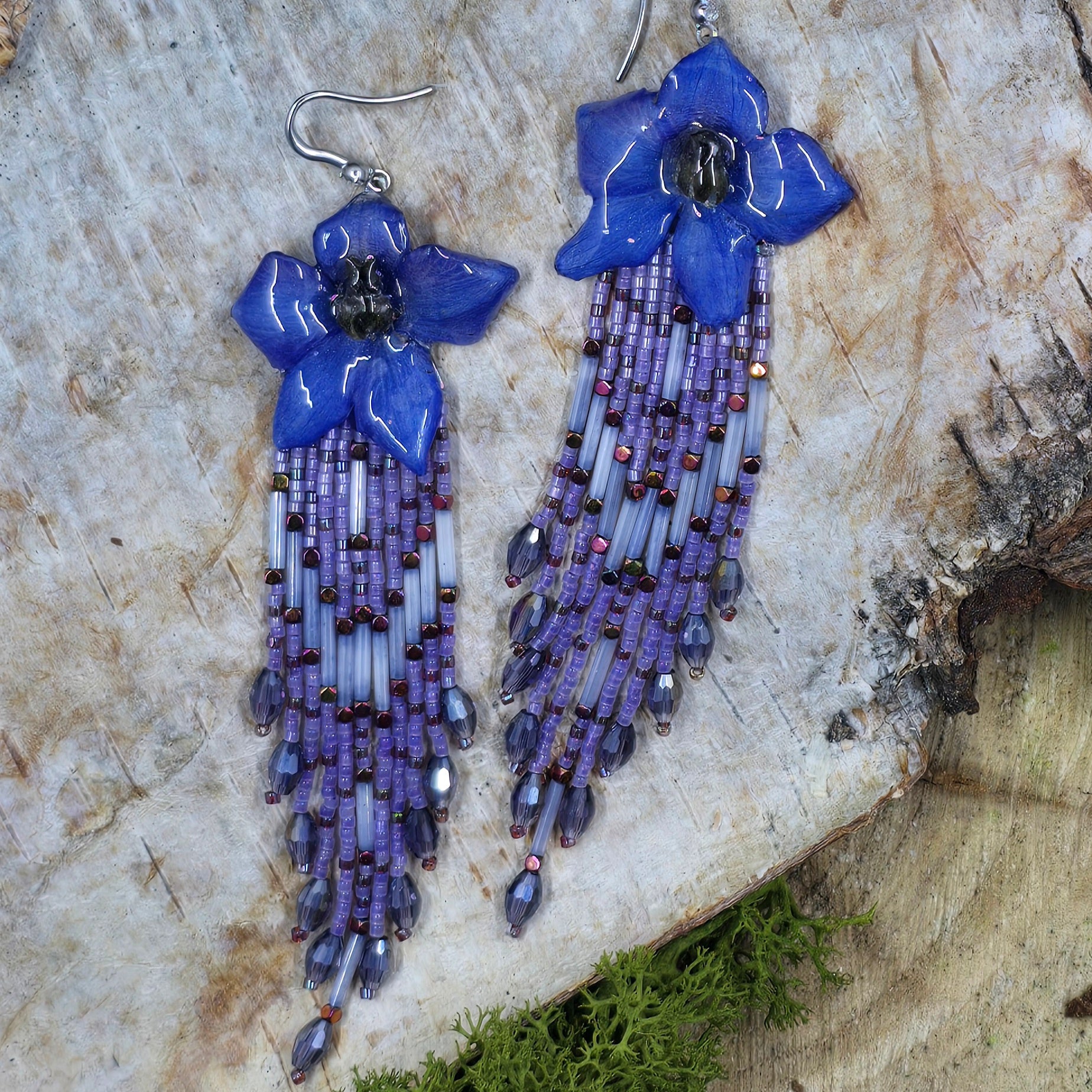 Blue Delphinium & Lilac Cascade Fringe Earrings