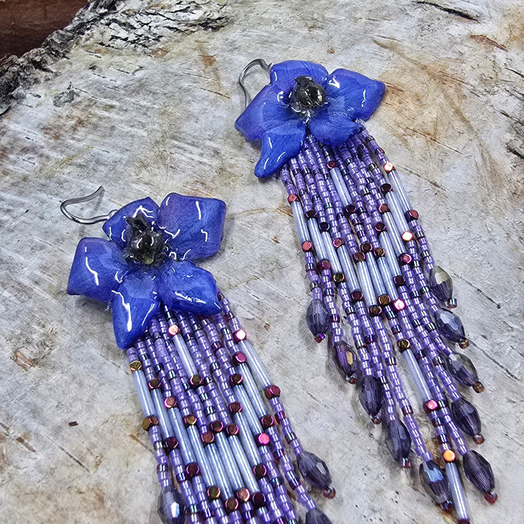Blue Delphinium & Lilac Cascade Fringe Earrings