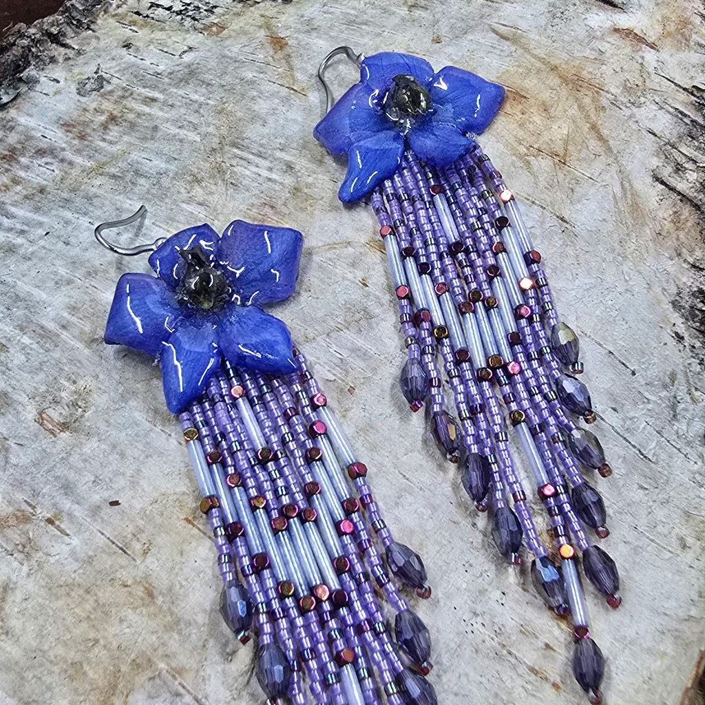 Blue Delphinium & Lilac Cascade Fringe Earrings