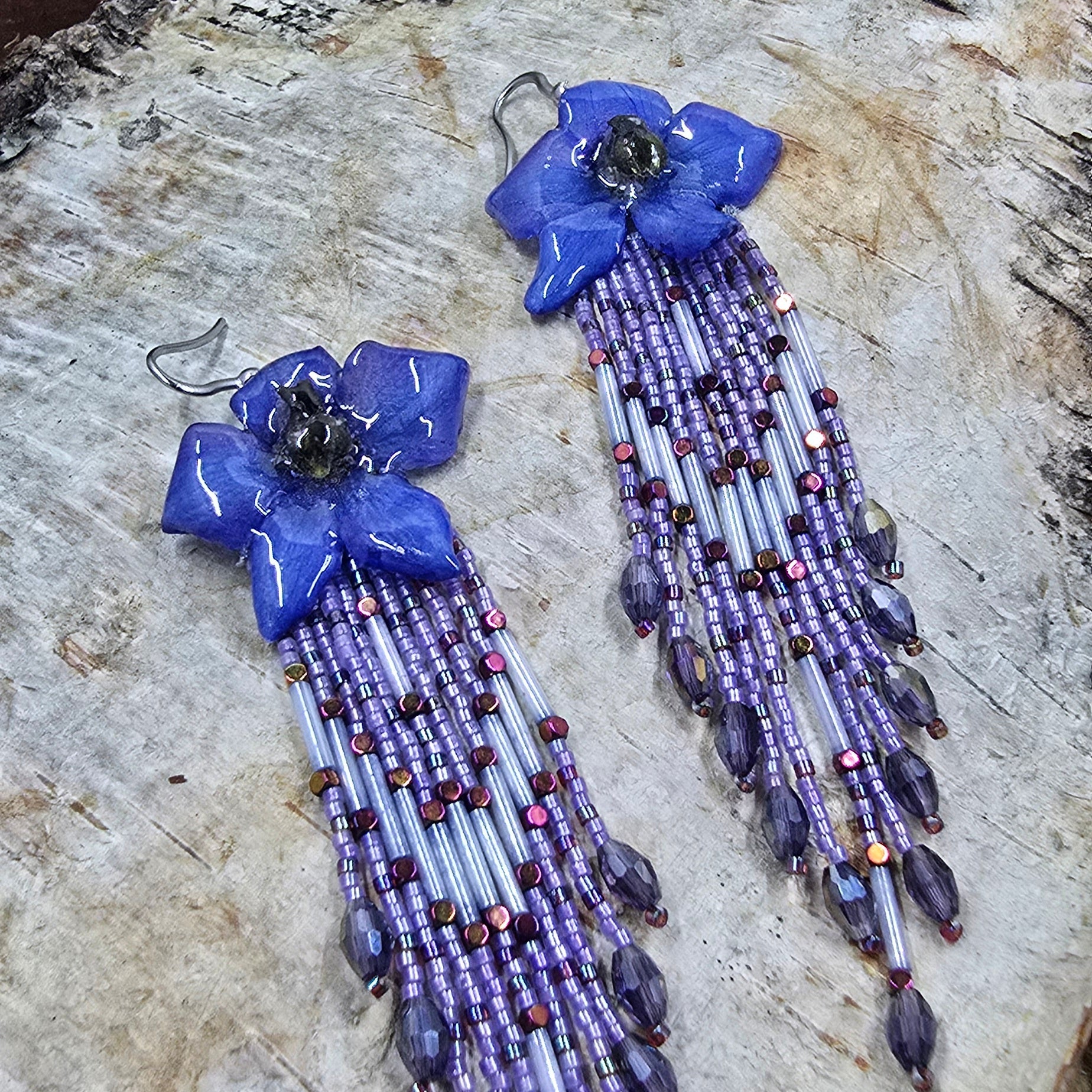 Blue Delphinium & Lilac Cascade Fringe Earrings