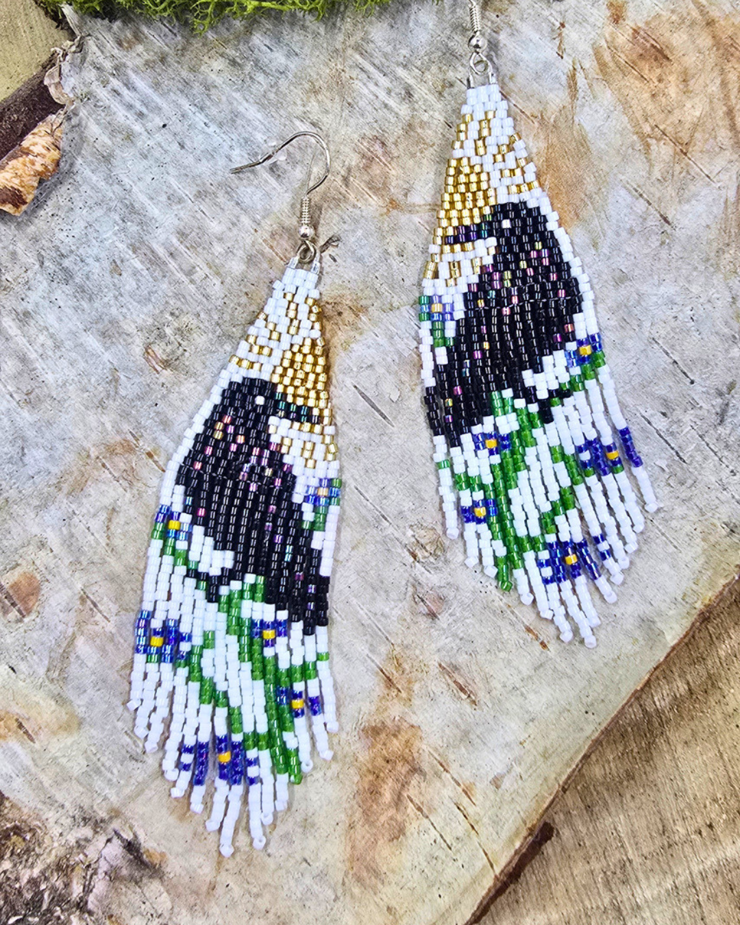 Forget-Me-Not Raven Beaded Fringe Earrings