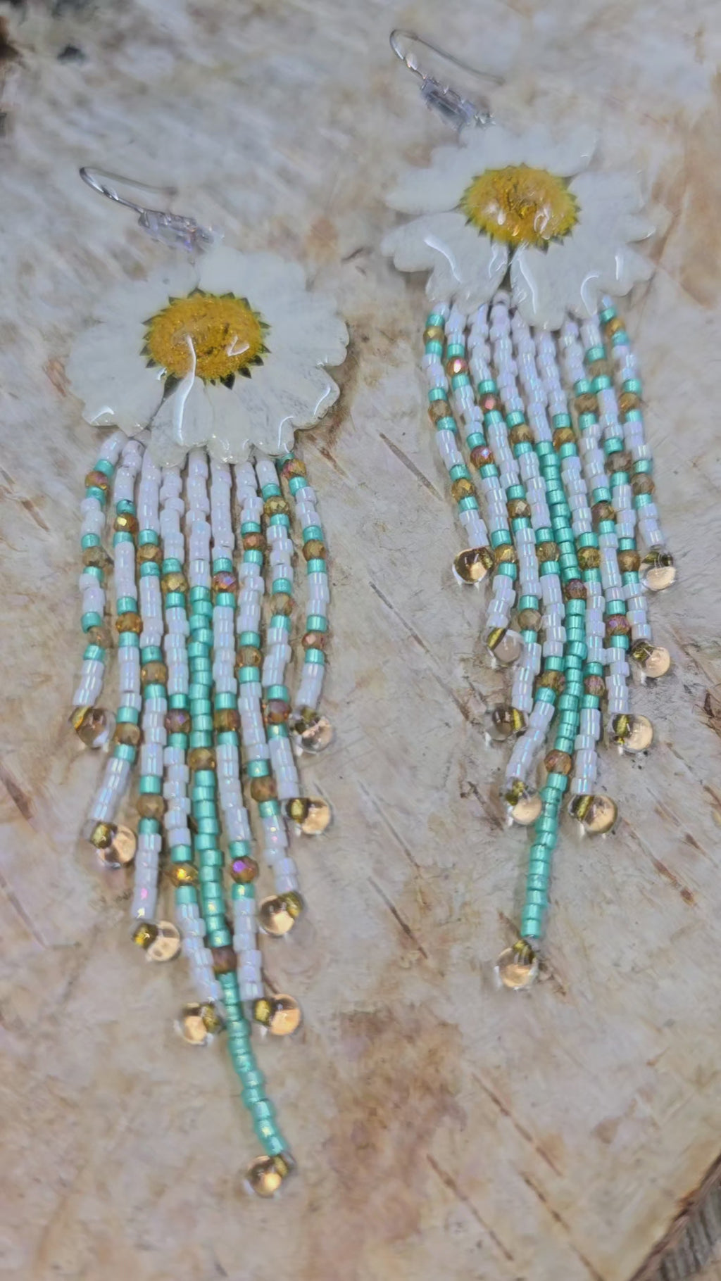 Real Daisy Resin & Cascade Fringe Earrings
